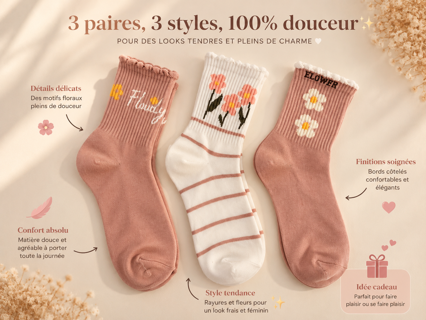 3 paires Chaussettes 🌼🌸